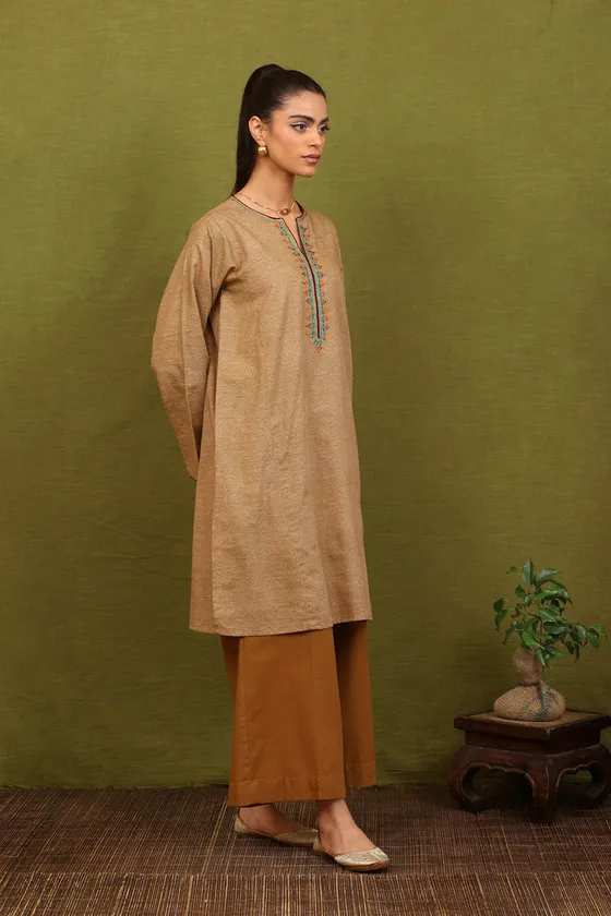 Generation W23B1060-Beige Gulalai Embroidered Shirt