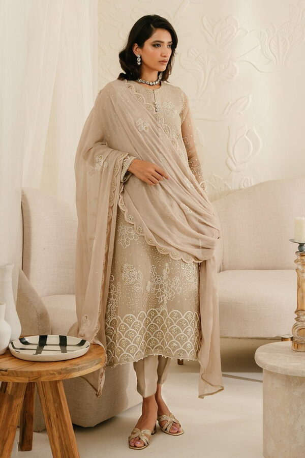 Cross Stitch Ash Gray 4Pc Organza Embroidered Suit