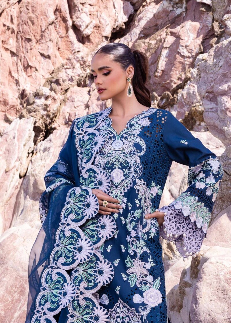 product Akbas Aslam Embroidered Lawn Blue Bell 3 Piece Suit Cultural Outfit 2024