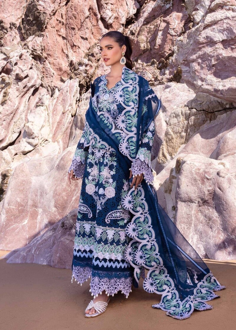 product Akbas Aslam Embroidered Lawn Blue Bell 3 Piece Suit Cultural Outfit 2024