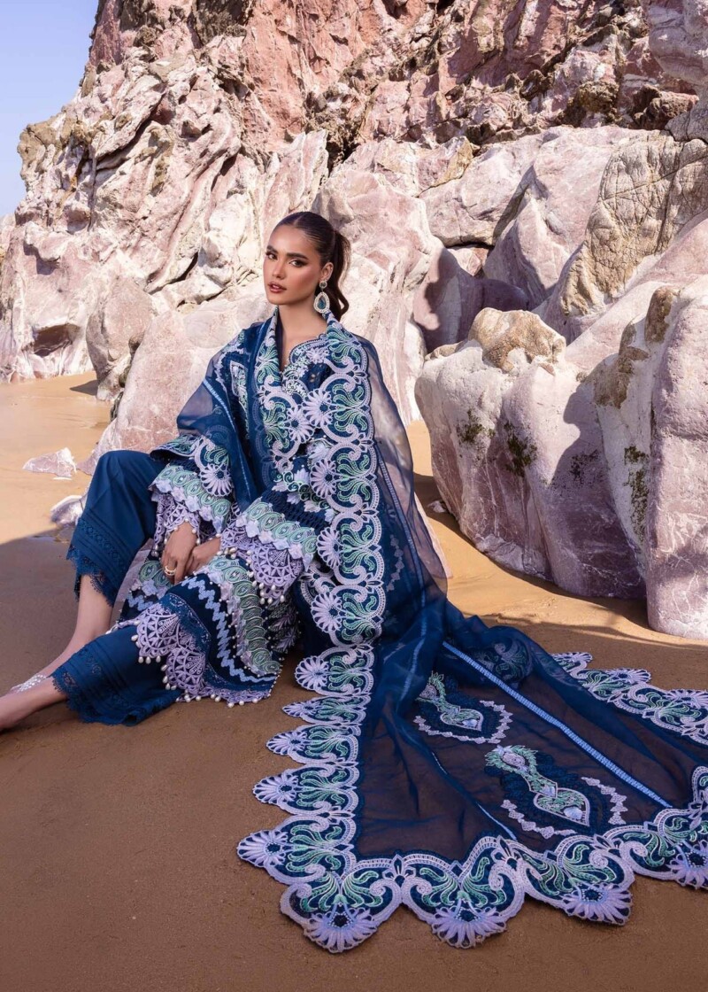 product Akbas Aslam Embroidered Lawn Blue Bell 3 Piece Suit Cultural Outfit 2024