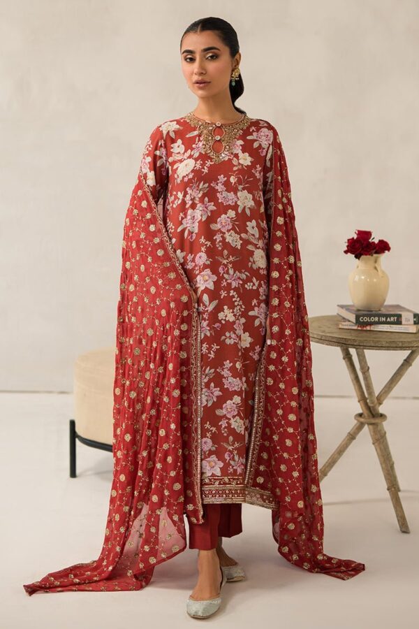 Cross Stitch Crimson Glow 3 Piece Embroidered Silk Suit