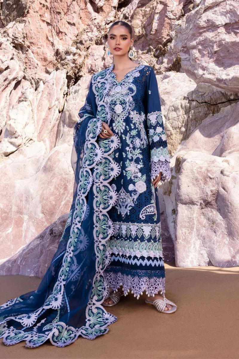 product Akbas Aslam Embroidered Lawn Blue Bell 3 Piece Suit Cultural Outfit 2024