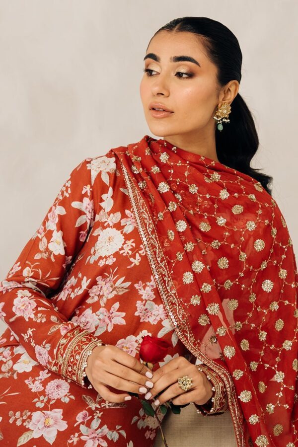 Cross Stitch Crimson Glow 3 Piece Embroidered Silk Suit