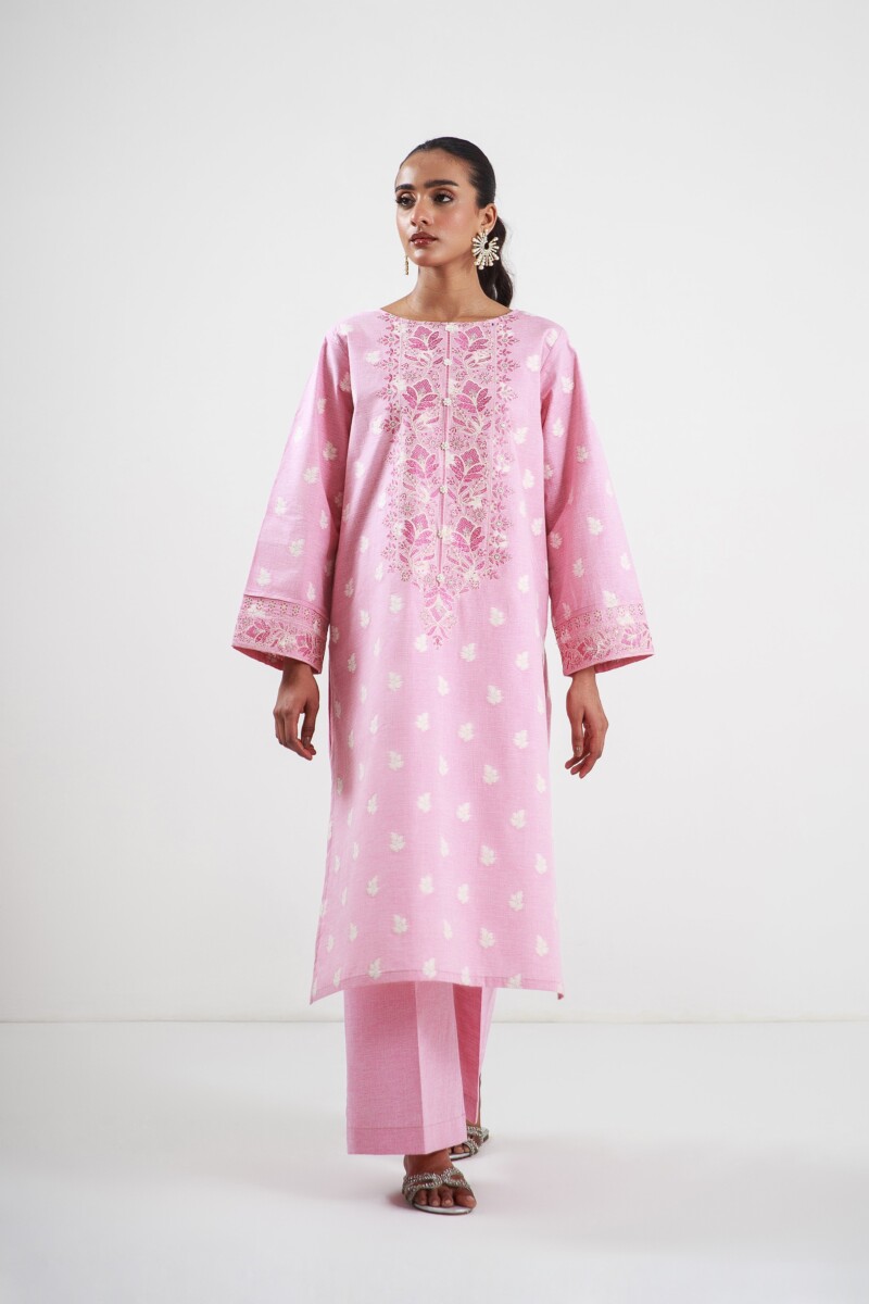 product Beechtree 2 Piece Embroidered Two Tone Jacquard Suit Rosy Pink Unstitched Summer