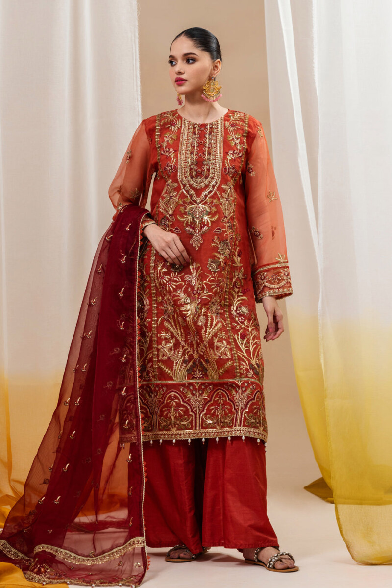 product Beechtree 4 Piece Embroidered Organza Suit Tangerine Rouge Unstitched Summer