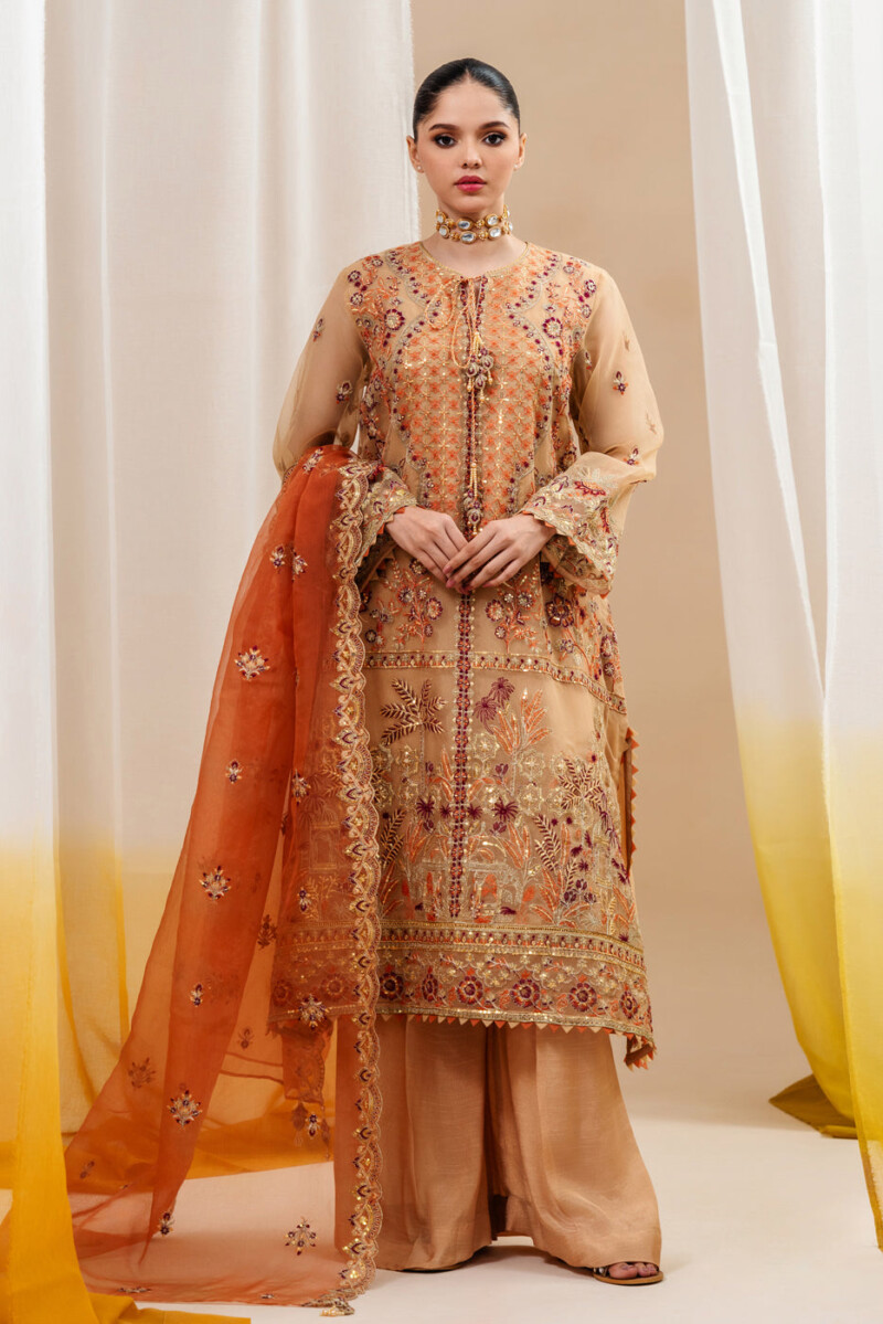 product Beechtree 4 Piece Embroidered Organza Suit Saffron Blossom Unstitched Summer