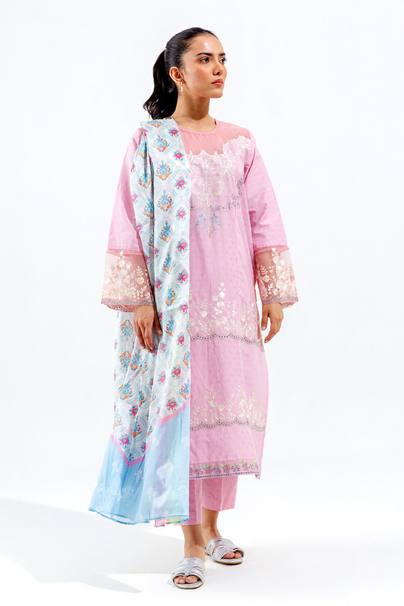 product Beechtree 3 Piece Embroidered Self Jacquard Suit Pret