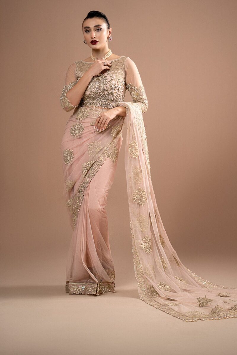 Imrozia Embroidery Lumiere Luxury Net Stitched Saree S.S 01 Rose Clair