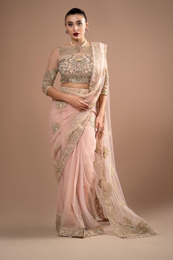 Imrozia Embroidery Lumiere Luxury Net Stitched Saree S.s 01 Rose Clair