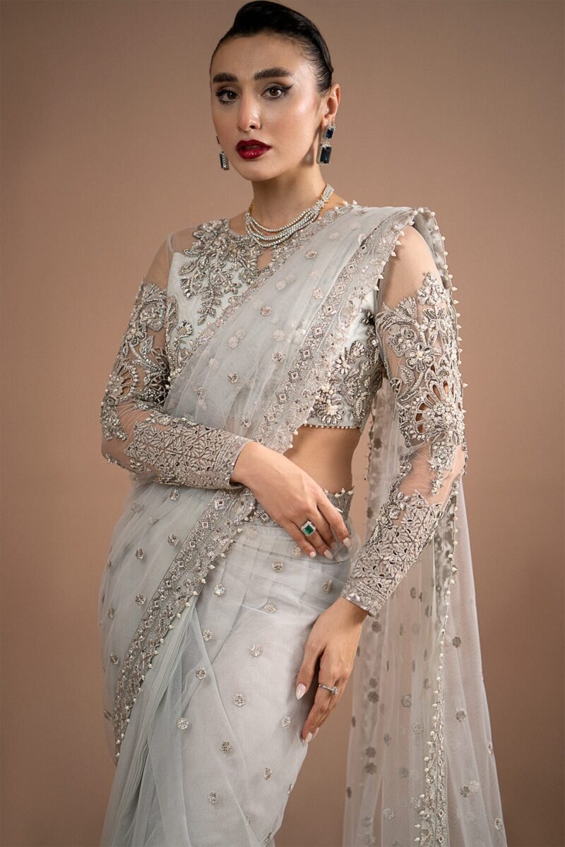 Imrozia Embroidery Lumiere Luxury Net Stitched Saree S.S 07 Misty Grey