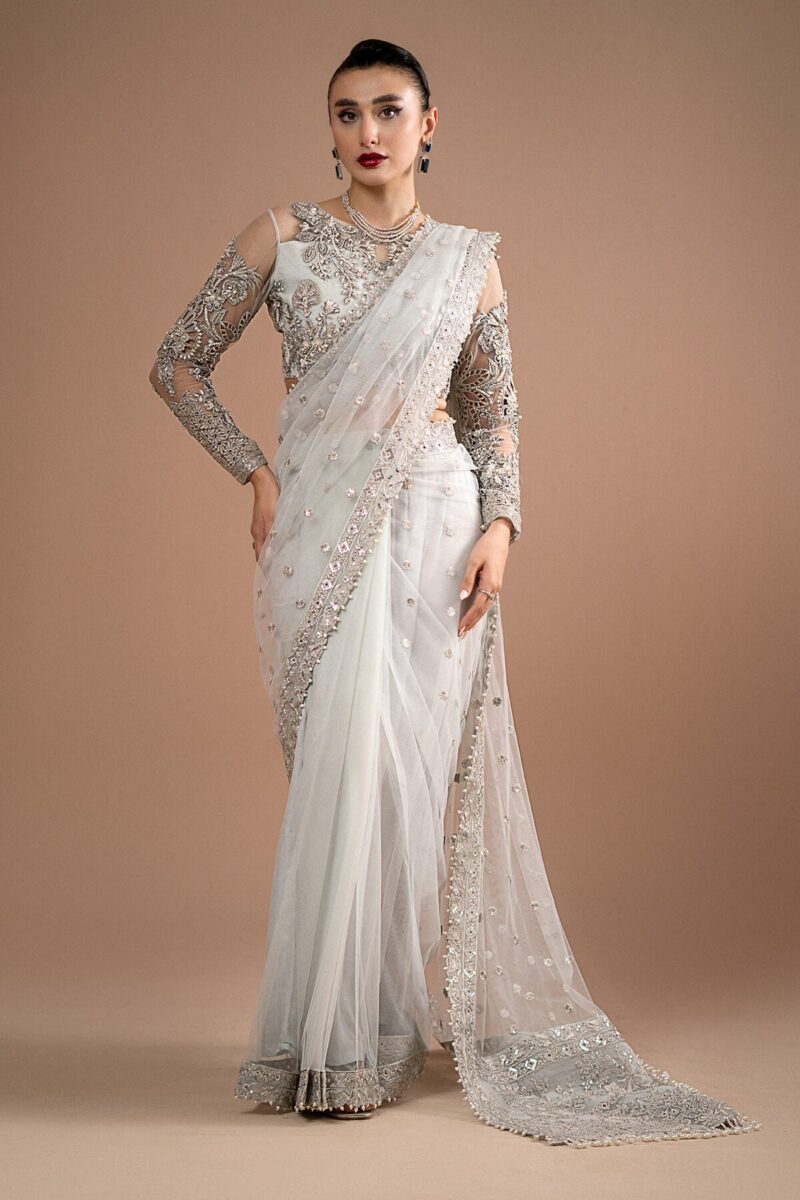 Imrozia Embroidery Lumiere Luxury Net Stitched Saree S.S 07 Misty Grey