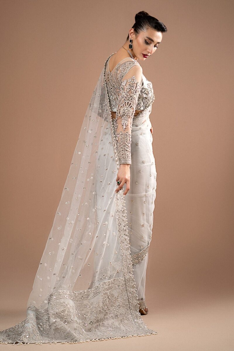 Imrozia Embroidery Lumiere Luxury Net Stitched Saree S.S 07 Misty Grey