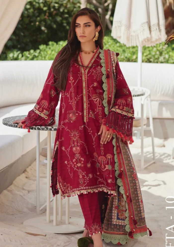 Farah Talib Aziz FTL25 10 Rosemary Red Luxury Unstitched Lawn Collection - Image 4