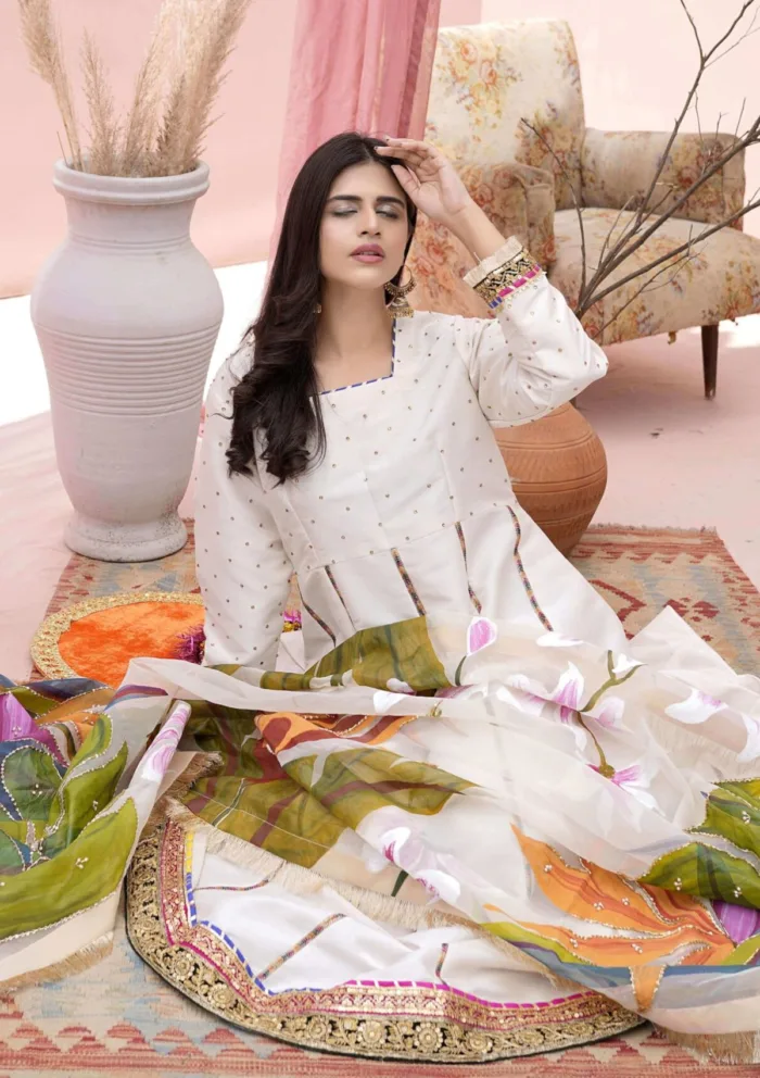 Flores F 03 OFF WHITE Raw Silk Luxury Lawn Collection - Image 4
