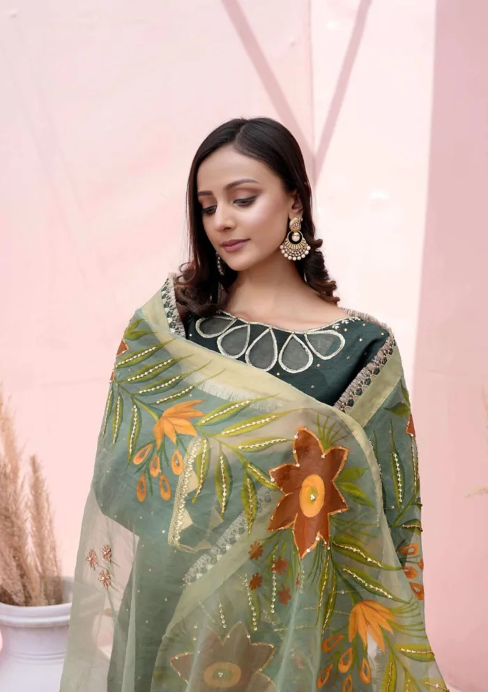 Flores F 08 DARK GREEN Raw Silk Luxury Lawn Collection - Image 2