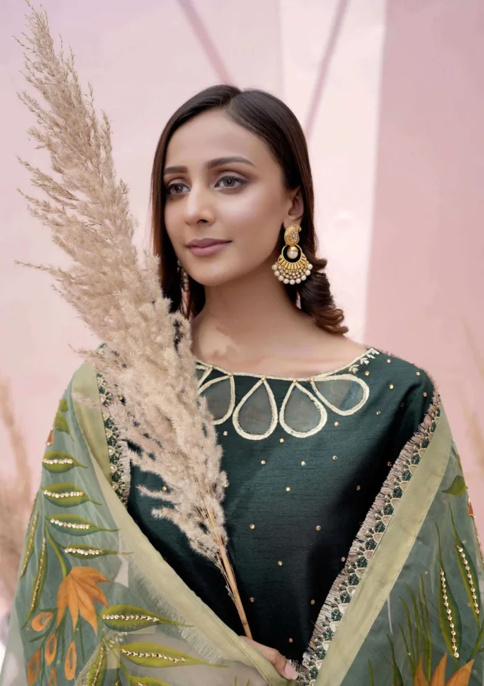 Flores F 08 DARK GREEN Raw Silk Luxury Lawn Collection - Image 3