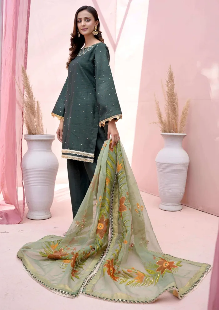 Flores F 08 DARK GREEN Raw Silk Luxury Lawn Collection - Image 4