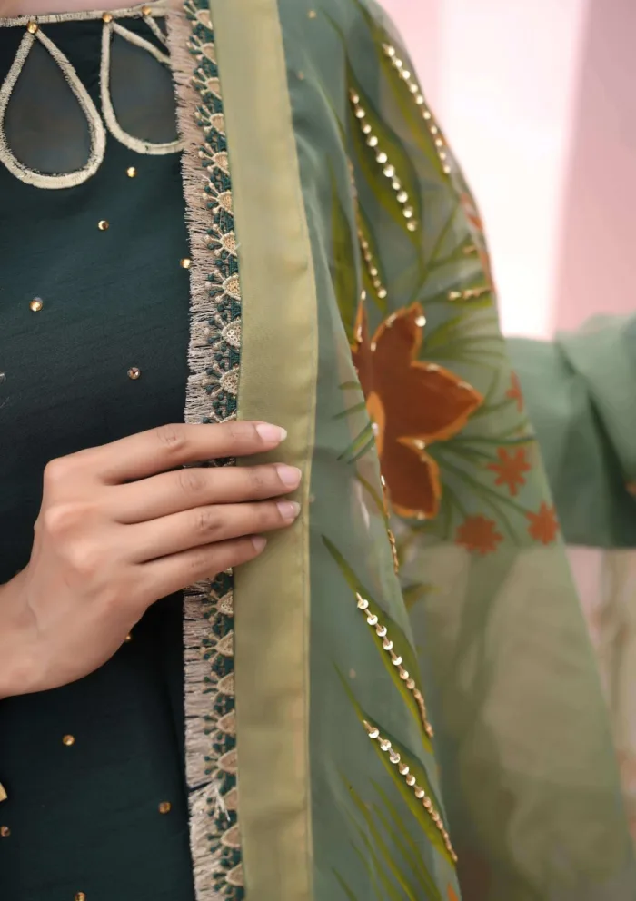 Flores F 08 DARK GREEN Raw Silk Luxury Lawn Collection - Image 5