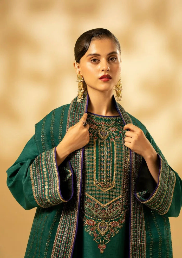 Fozia Khalid Emerald Craftsmanship D 01 Silk Edit Luxury Lawn Collection - Image 11