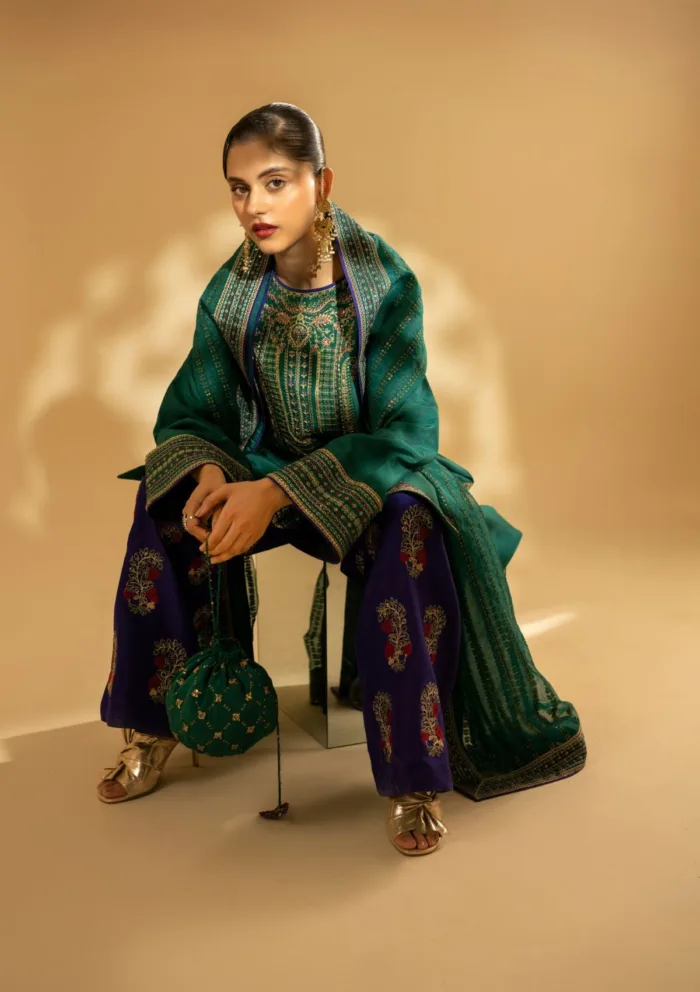 Fozia Khalid Emerald Craftsmanship D 01 Silk Edit Luxury Lawn Collection - Image 6