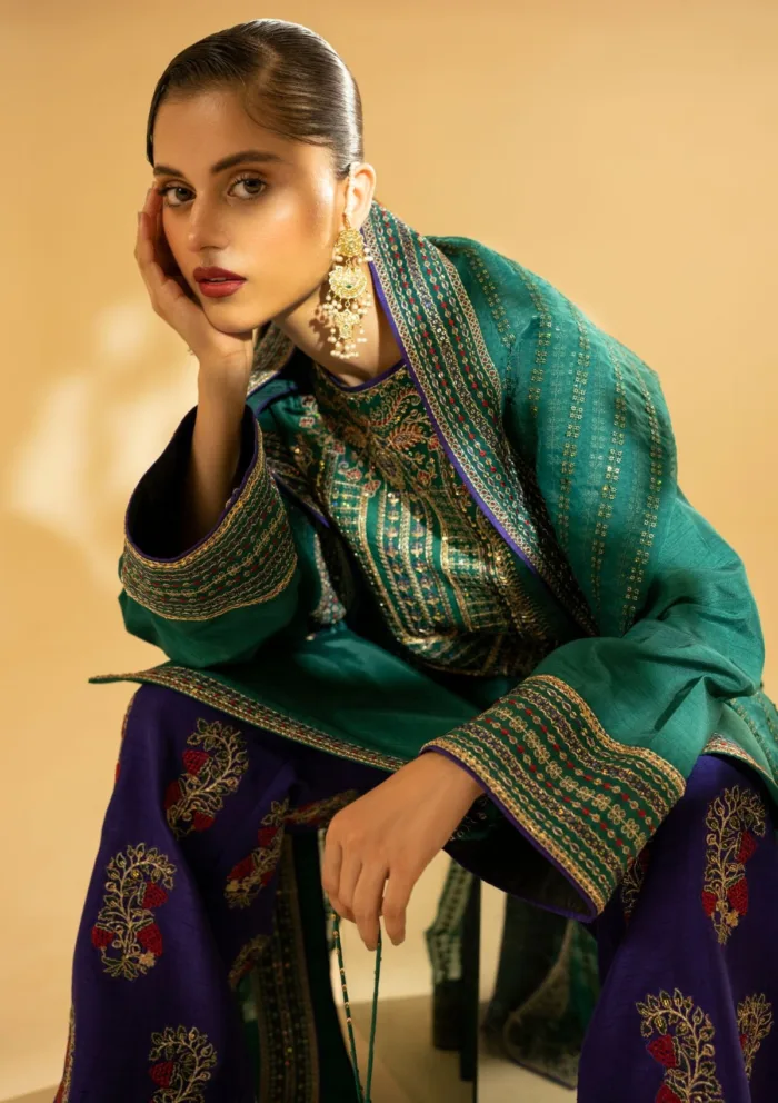 Fozia Khalid Emerald Craftsmanship D 01 Silk Edit Luxury Lawn Collection - Image 7