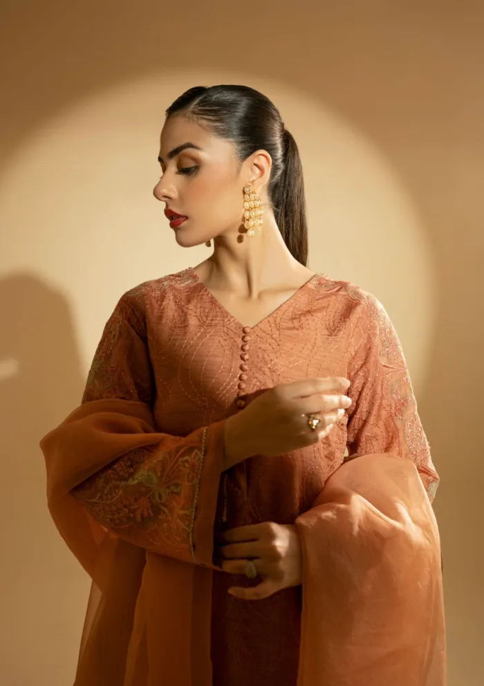 Fozia Khalid Peach Hues D 11 Silk Edit Luxury Lawn Collection - Image 6