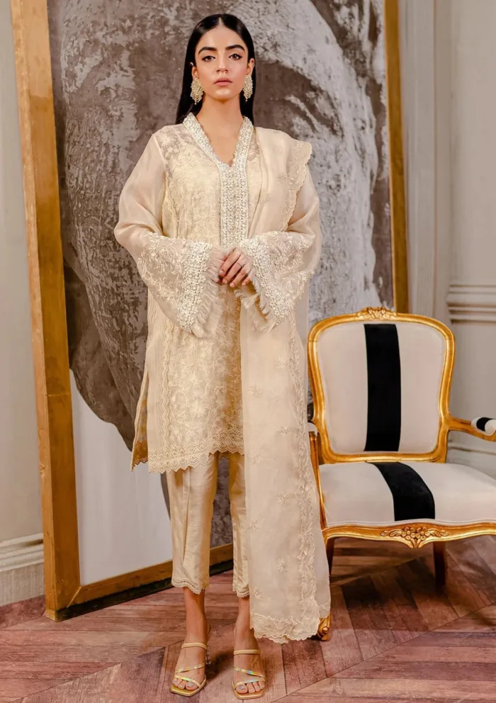 Fozia Khalid VoL 3 Chanterelle Beige Lumieres Festive Luxury Lawn Collection - Image 2