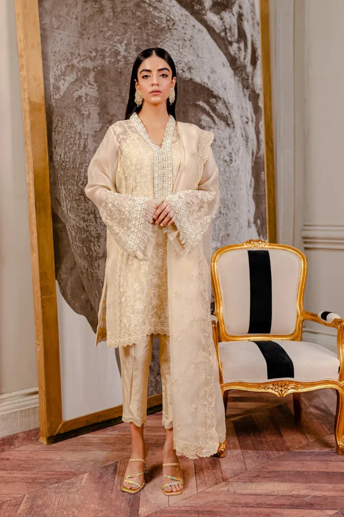 Fozia Khalid VoL 3 Chanterelle Beige Lumieres Festive Luxury Lawn Collection - Image 3