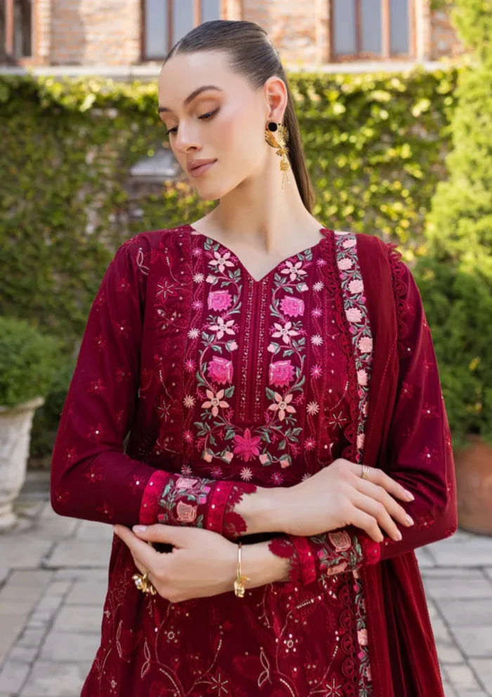 Marjjan Unstitched 25 MLL 03 A MAROON Ruhi Luxury Lawn Collection - Image 3