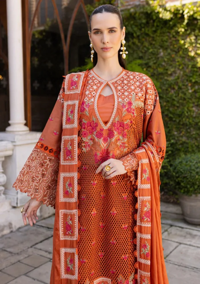 Marjjan Unstitched 25 MLL 06 B RUST ORANGE Ruhi Luxury Lawn Collection - Image 3