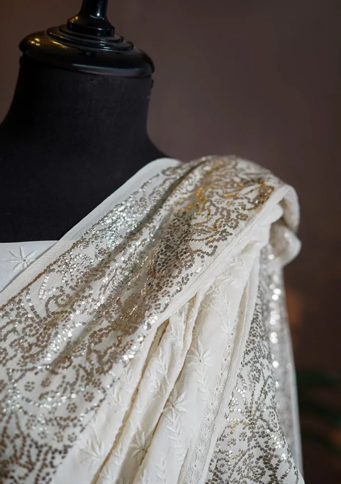Pure Jorjet Chiffon Chikankari Mukesh Work Saree D 01 Luxury Lawn Collection - Image 2