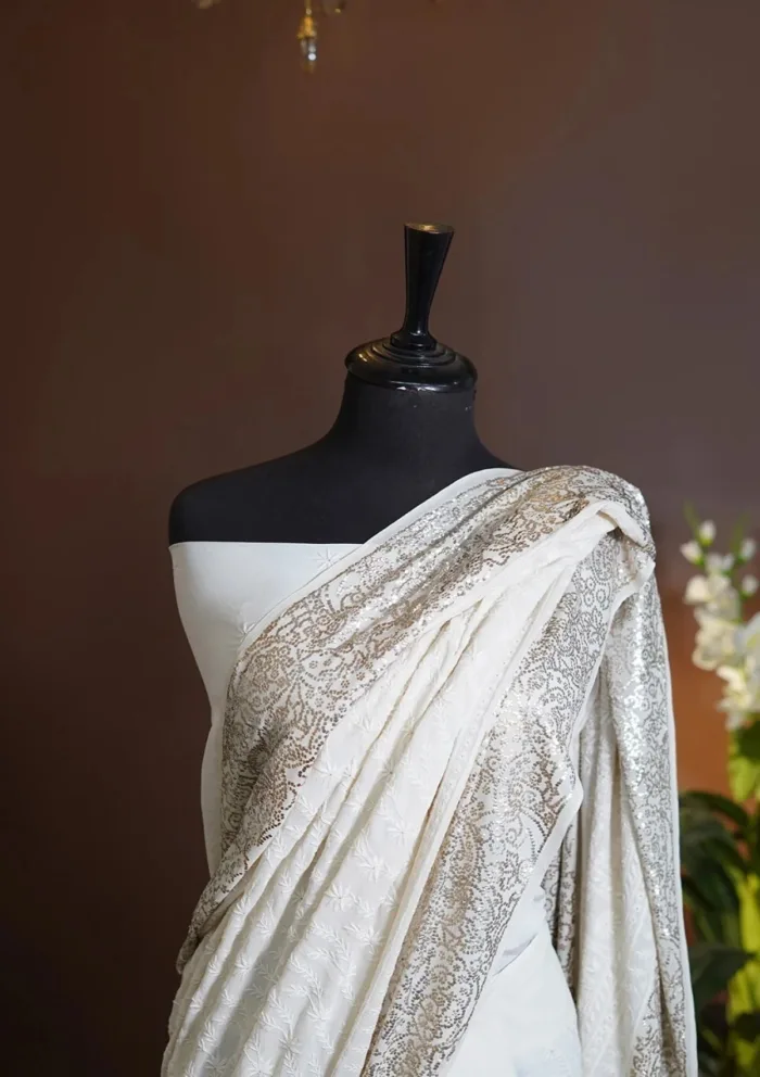 Pure Jorjet Chiffon Chikankari Mukesh Work Saree D 01 Luxury Lawn Collection - Image 4