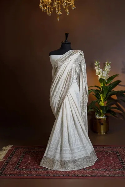 Pure Jorjet Chiffon Chikankari Mukesh Work Saree D 01