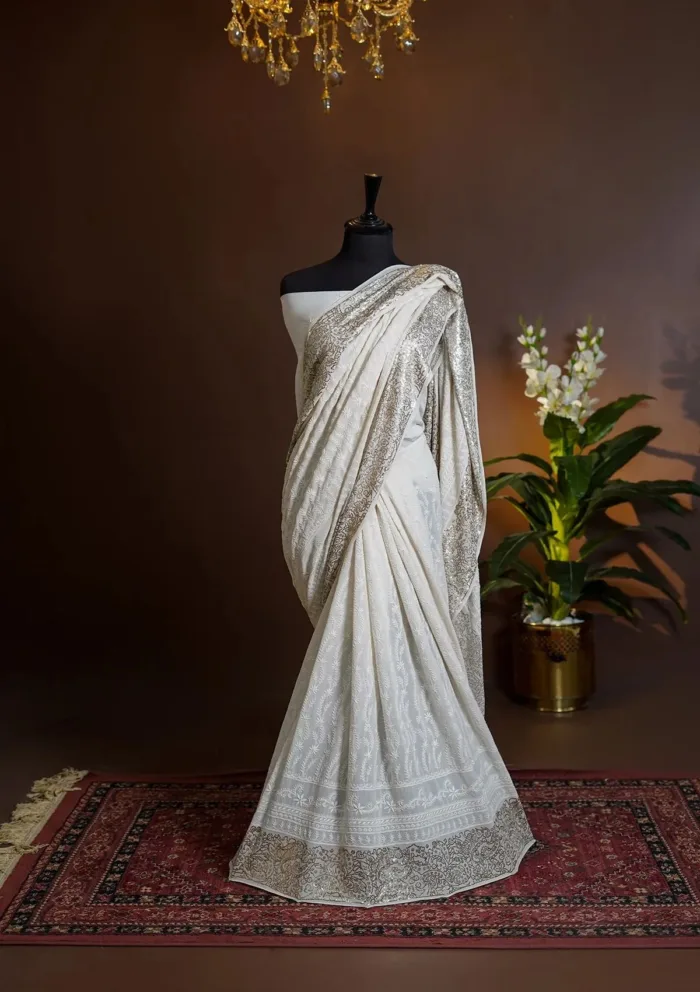 Pure Jorjet Chiffon Chikankari Mukesh Work Saree D 01