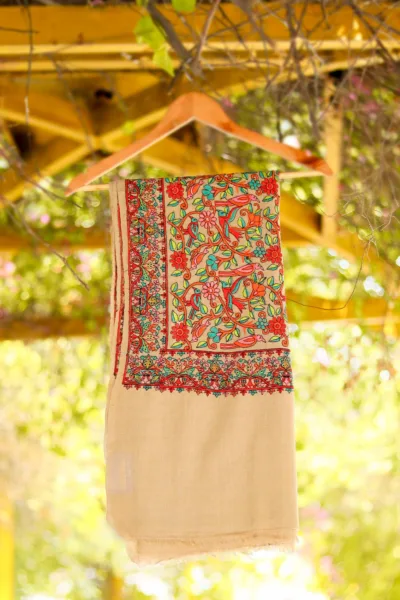Wool Embroidered Shawl D 11 FAWN