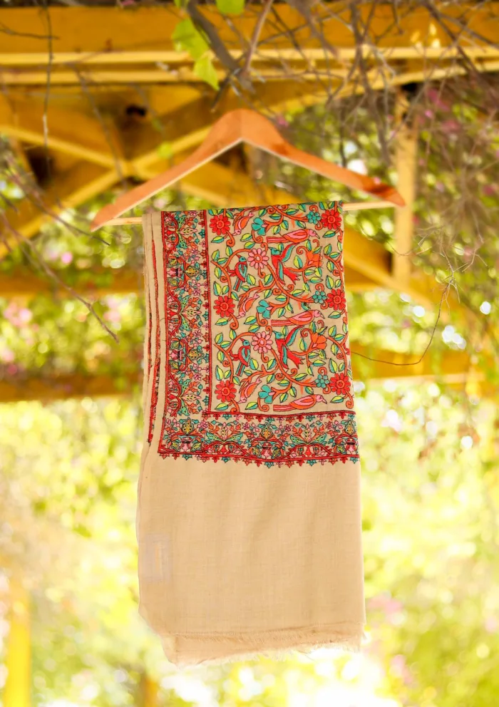 Wool Embroidered Shawl D 11 FAWN