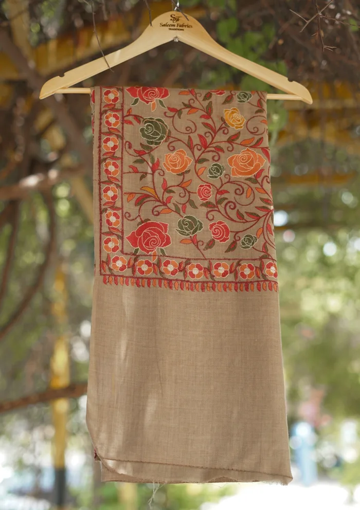 Wool Embroidered Shawl D 12 Brown