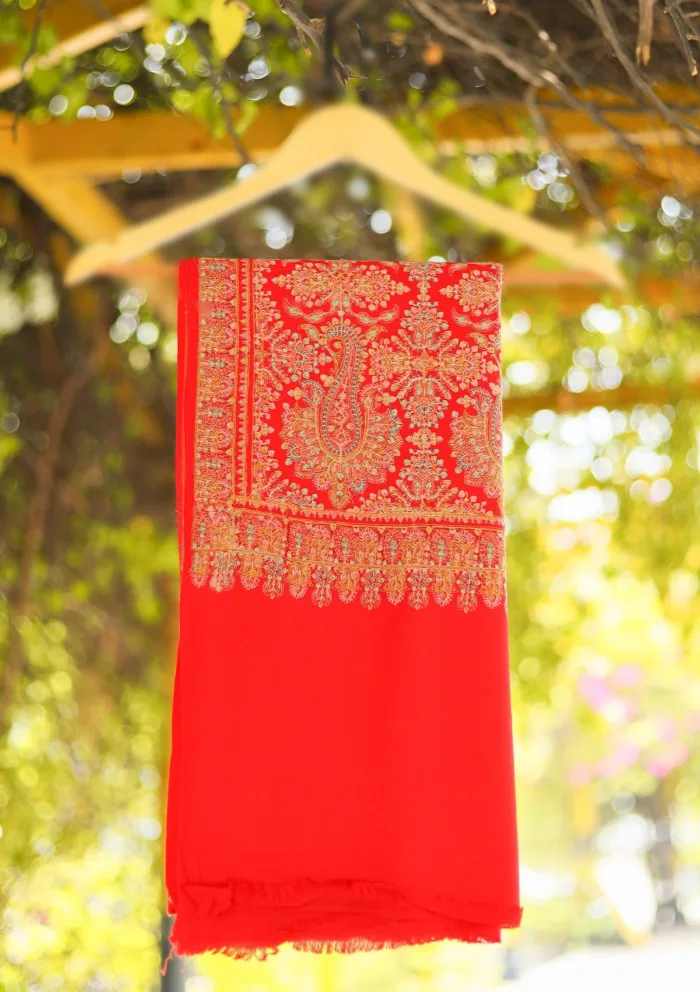 Wool Embroidered Shawl D 13 Red