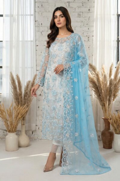 Formals Riwaj Fancy Net 2 Pcs Suit D 01 Sky Blue Lawn Collection 2026